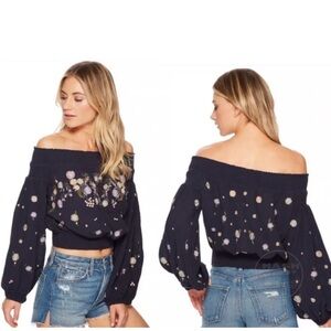 Free People Black Textured Top with Floral Details